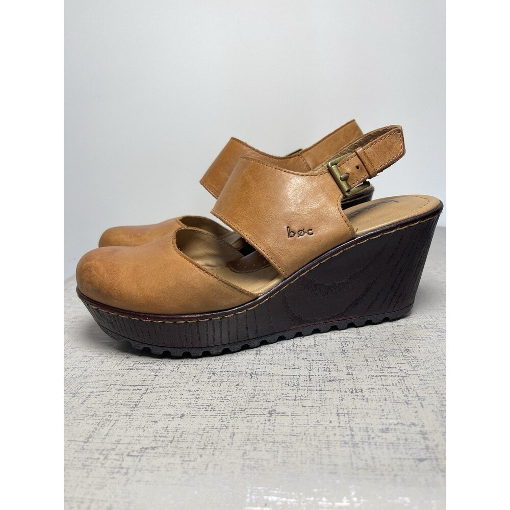 b.o.c. Born Concept Brown Leather Platform Wedge Clog Ankle Strap Sandals 9 M